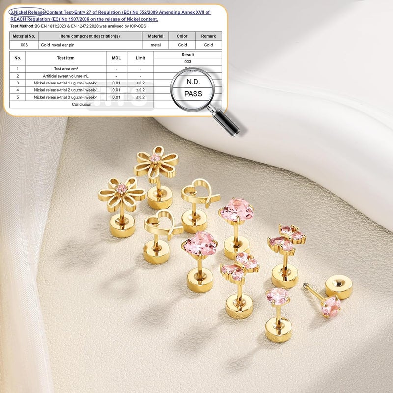 DALI Hypoallergenic Earrings for Girls,Toddler Screw Back Earrings for Kids Baby Women,Lightweight Surgical Steel Cute Pink Bow Butterfly Heart Flower CZ Flat Back Stud Earring for Sensitive Ears - Image 4